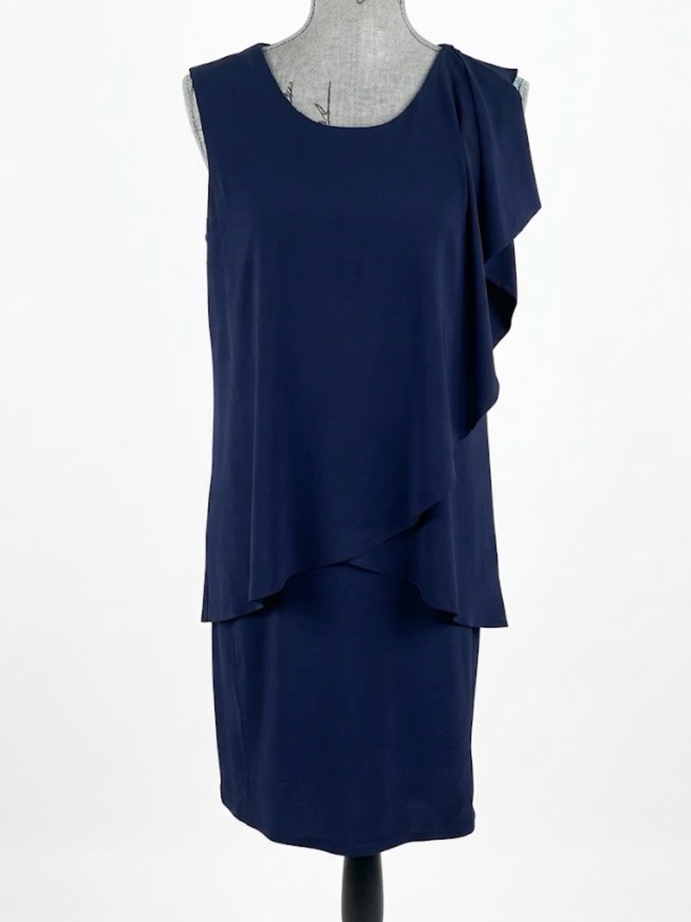J.Michaels Navy Blue Asymmetric Ruffle Overlay Dress – Size 10